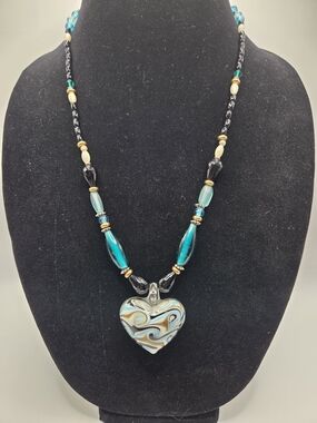 1649. Turquoise Glass Heart Pendant Necklace with Gold Tone Accents